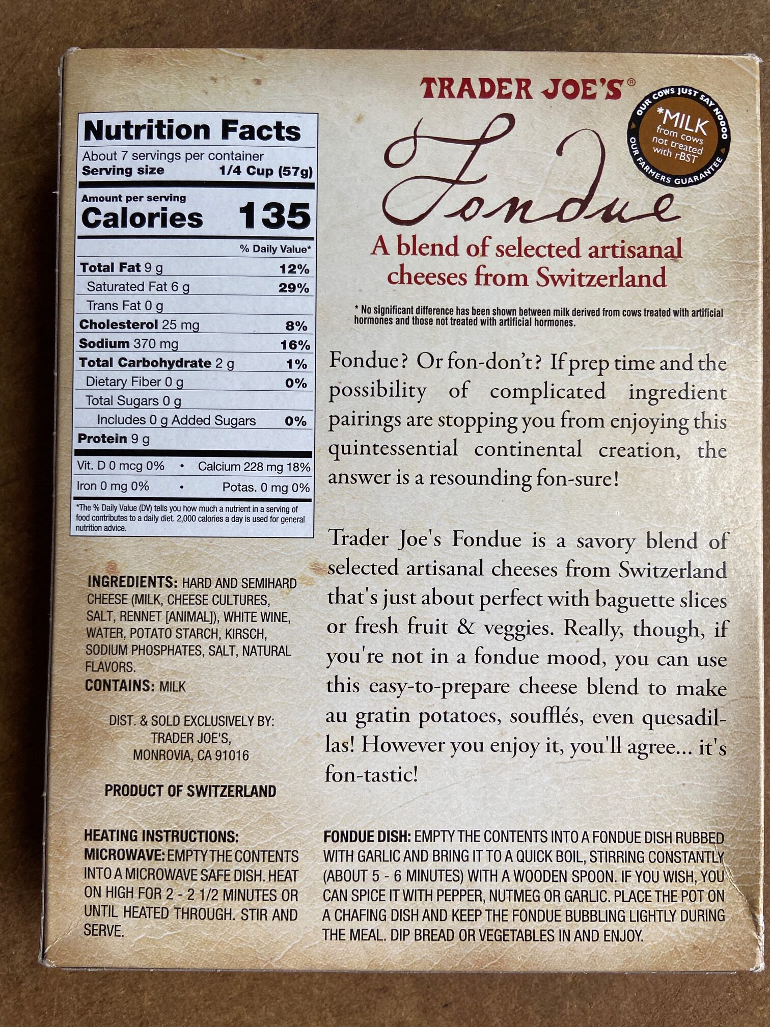 Trader Joe's Fondue back of box