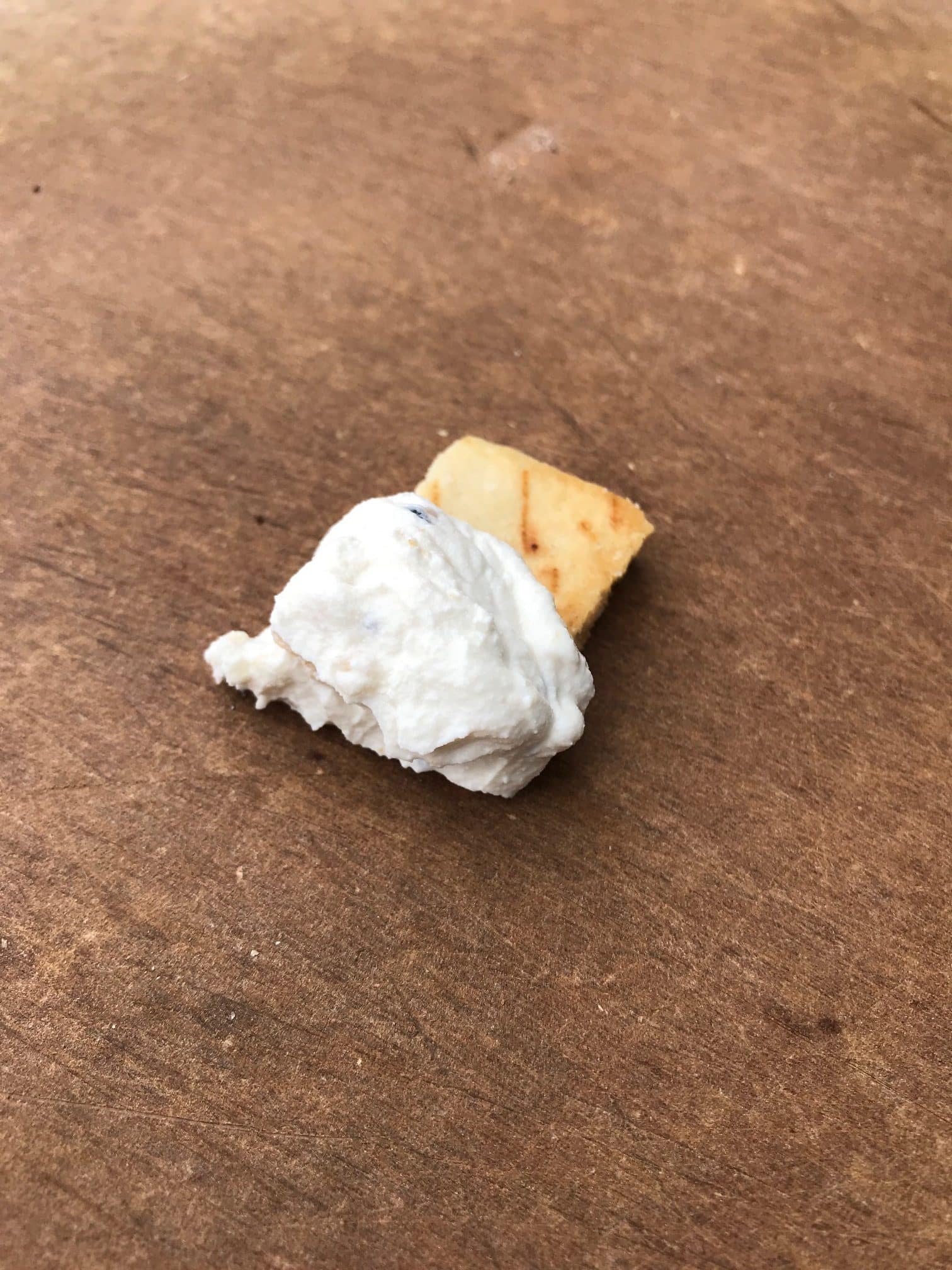 Pita chip with a scoop of Trader Joe's Everything but the Bagel Greek Style Yogurt Dip