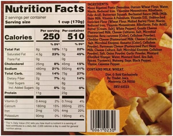 Trader Joe's Butternut squash mac and cheese nutrition