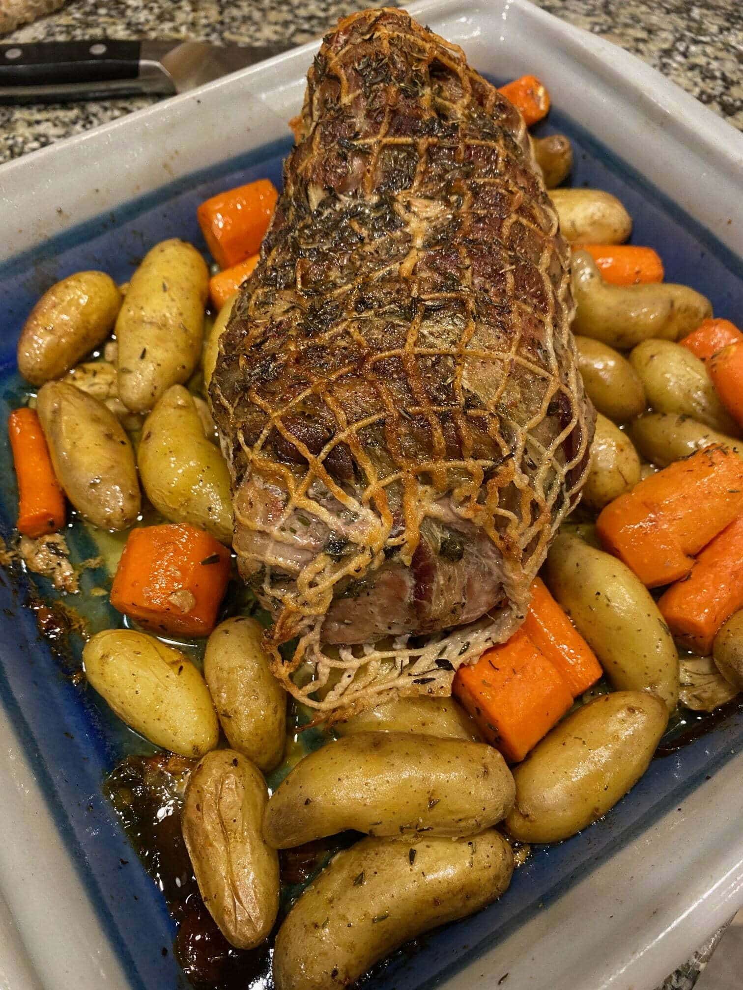 Trader Joe's Bacon Wrapped Porchetta Roast baked