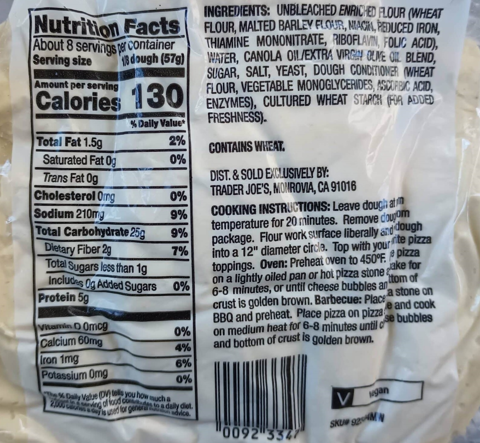 Trader Joe's Pizza Dough Back Label on Bag