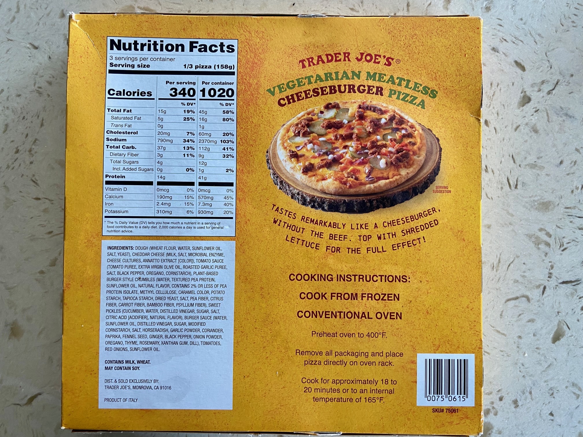 Trader Joe's vegetarian Cheeseburger Pizza box