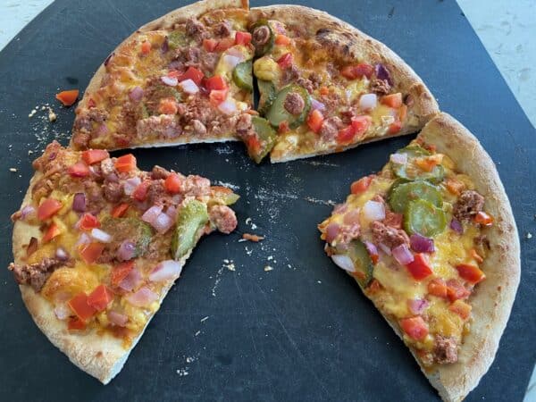 Trader Joe's vegetarian cheeseburger pizza baked