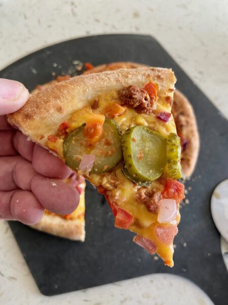 Trader Joe's vegetarian cheeseburger pizza slice up close