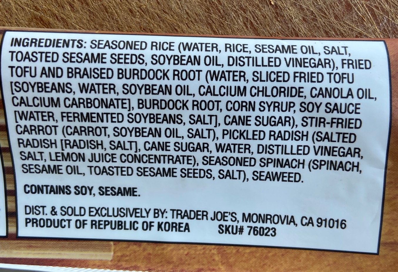 Trader Joe's Kimbap ingredients