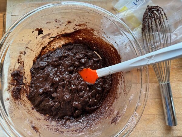 Trader Joe's Brownie Mix with ingredients in a bowl mixed
