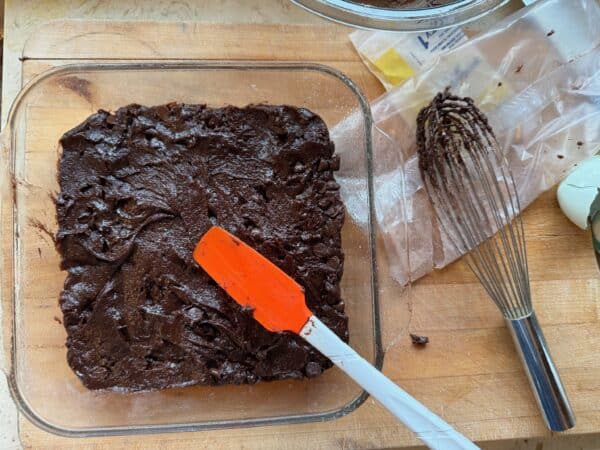 Trader Joe's Brownie Mix with ingredients in a pan