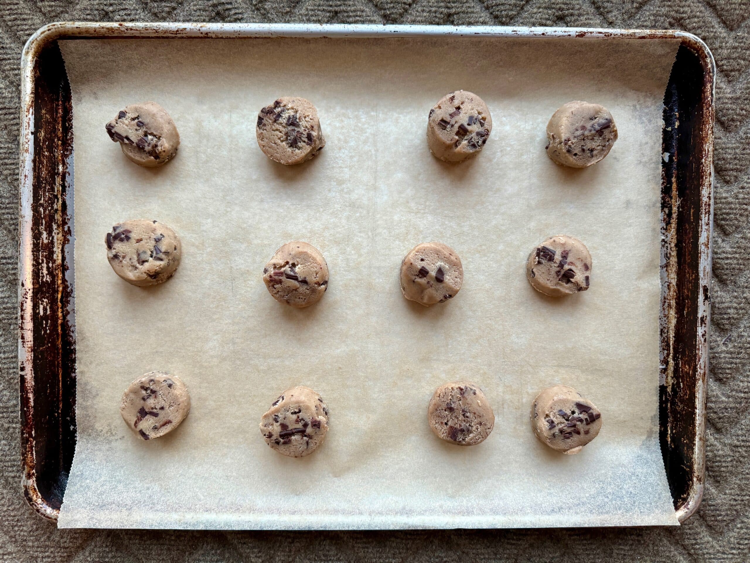 Trader Joe's Super Chocolatey Chocolate Chunk Cookie Dough on a baking sheet