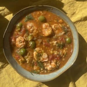 bowl of shrimp and harvest blend stew from overhead.