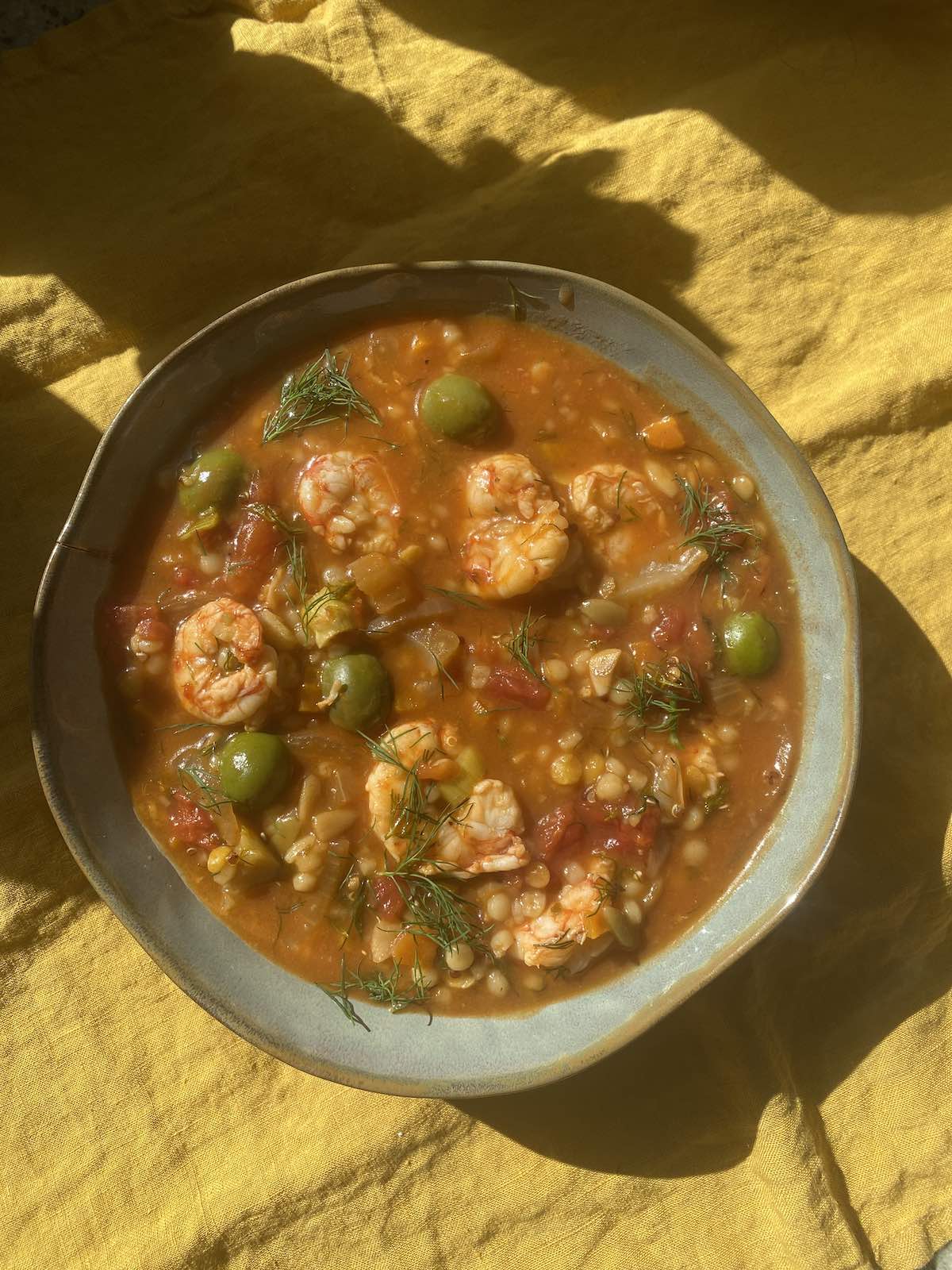 bowl of shrimp and harvest blend stew from overhead.