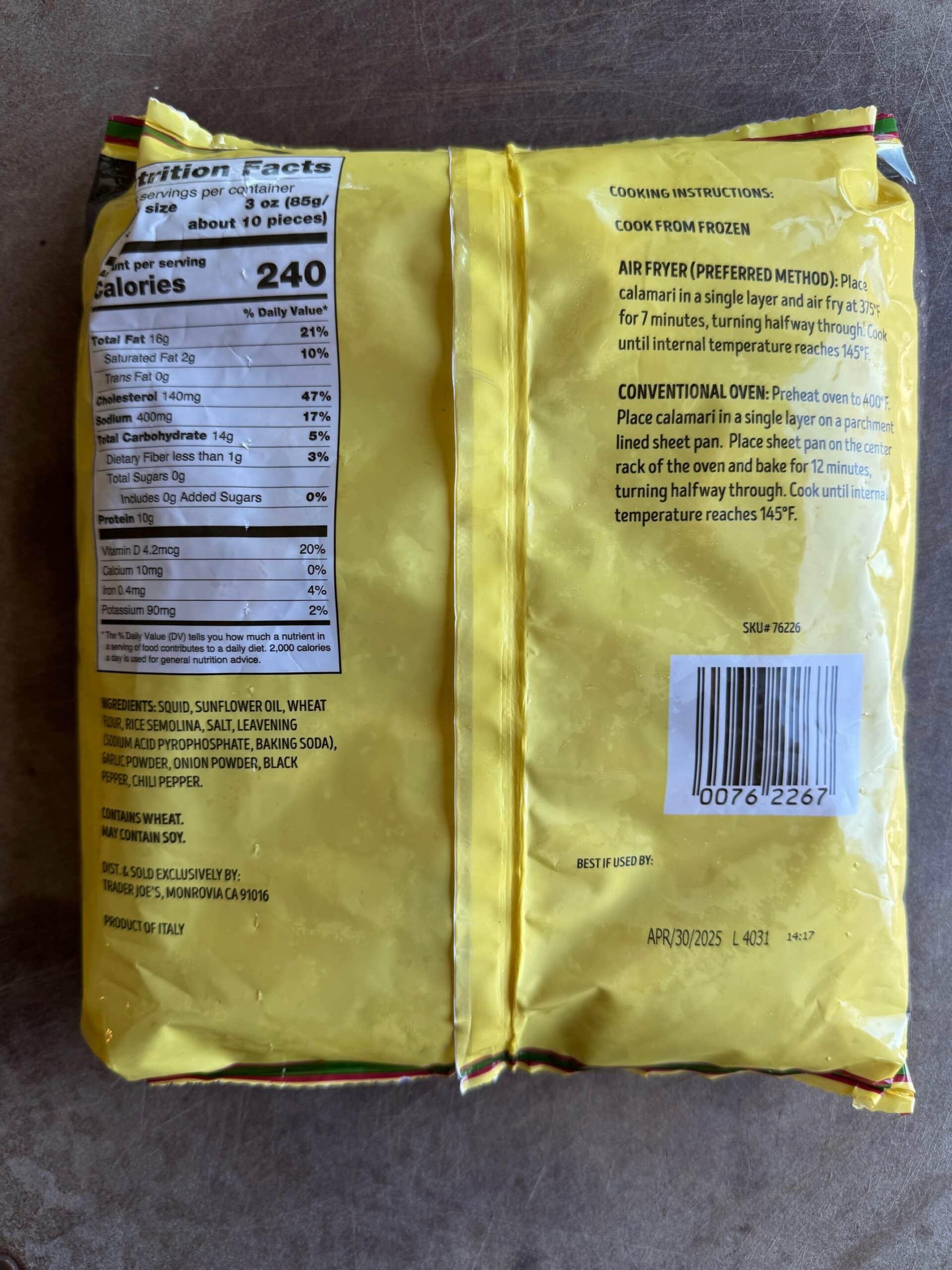 Trader Joe's crispy battered calamari squid back of bag