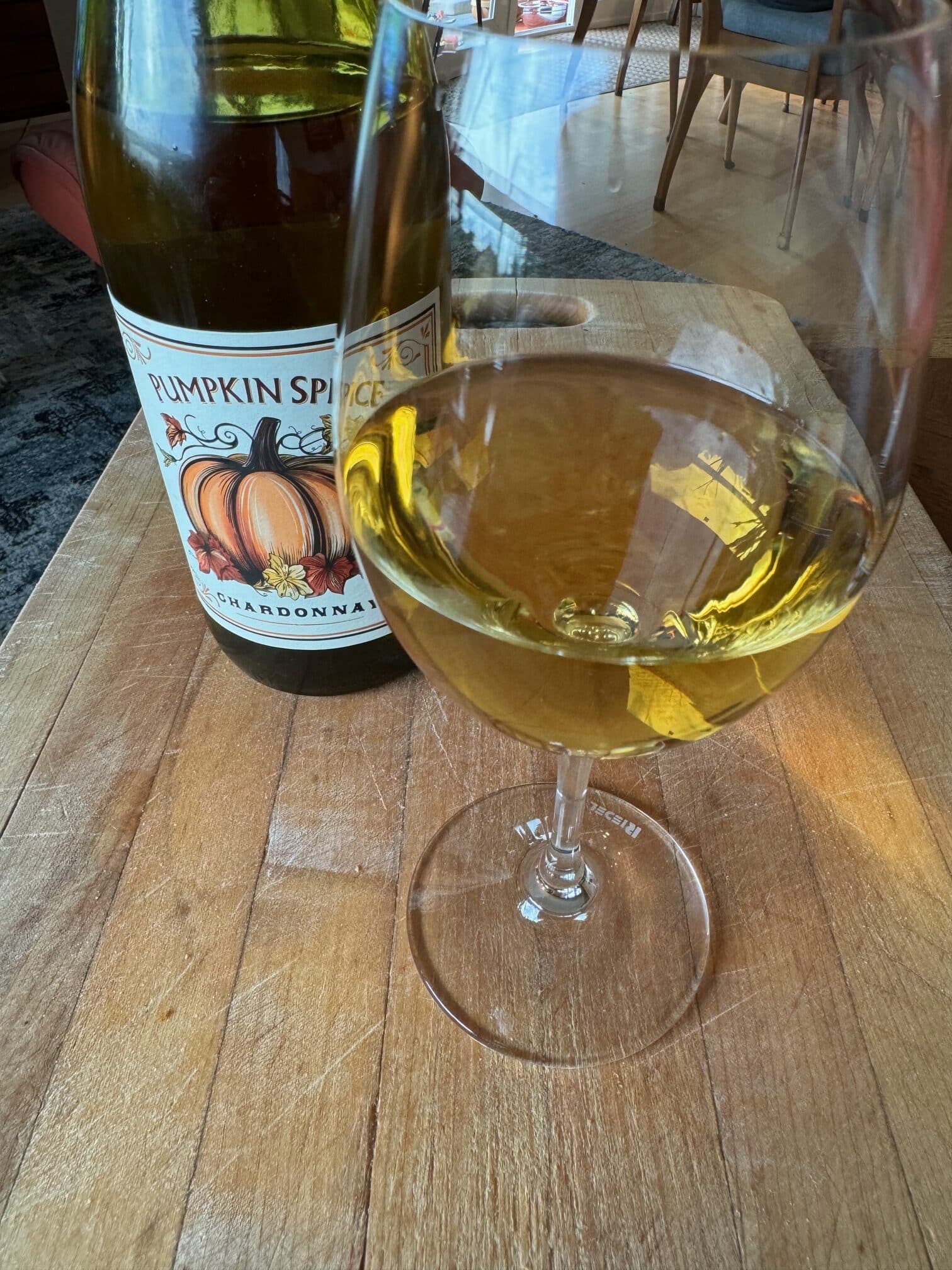 Trader Joe's Pumpkin Spice Chardonnay wine bottle glass
