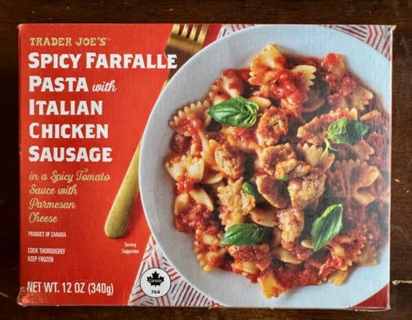 Trader Joe's spicy farfalle pasta with italian chicken sausage