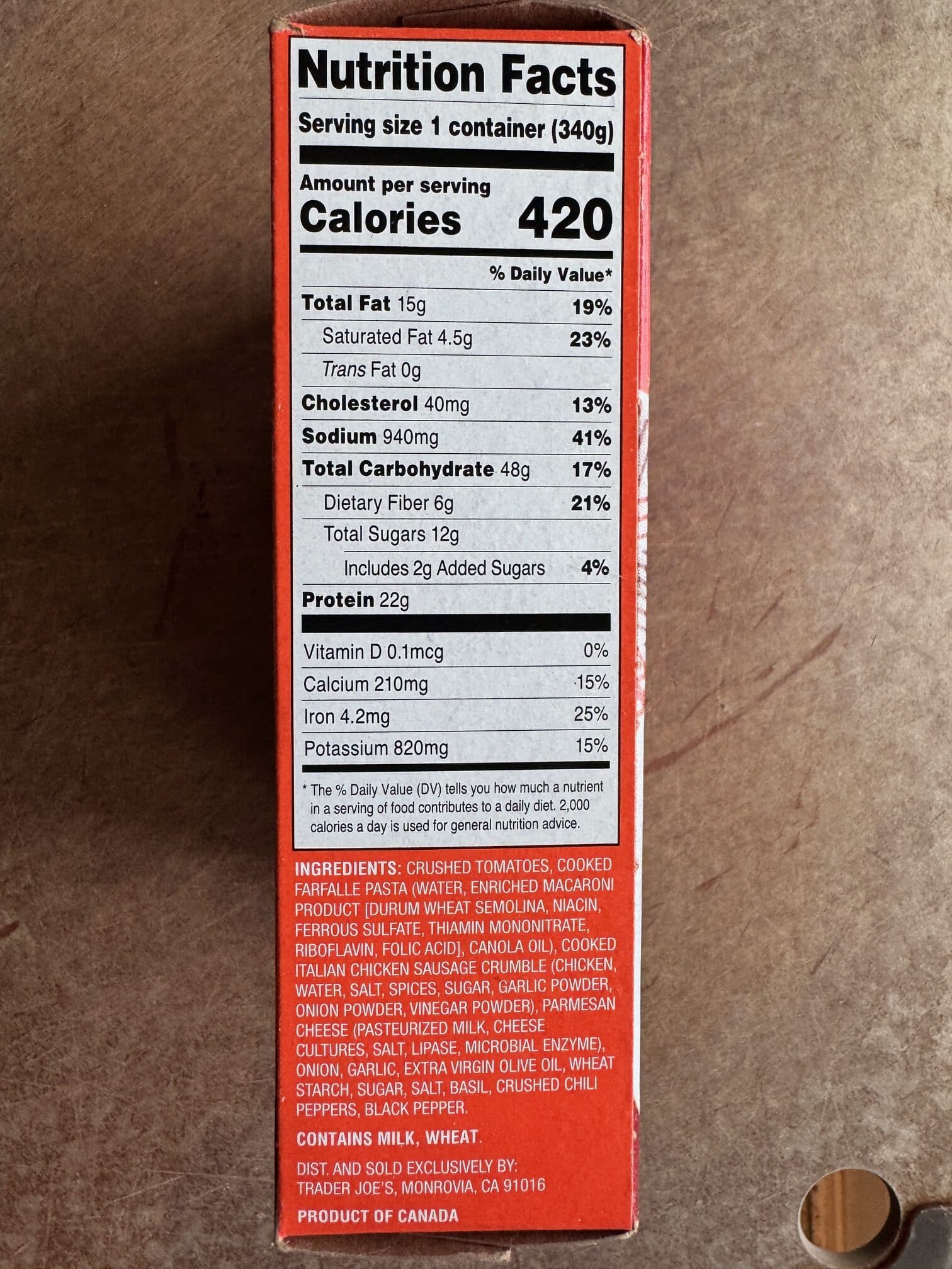 Trader Joe's Spicy Pasta Farfalle with chicken sausage