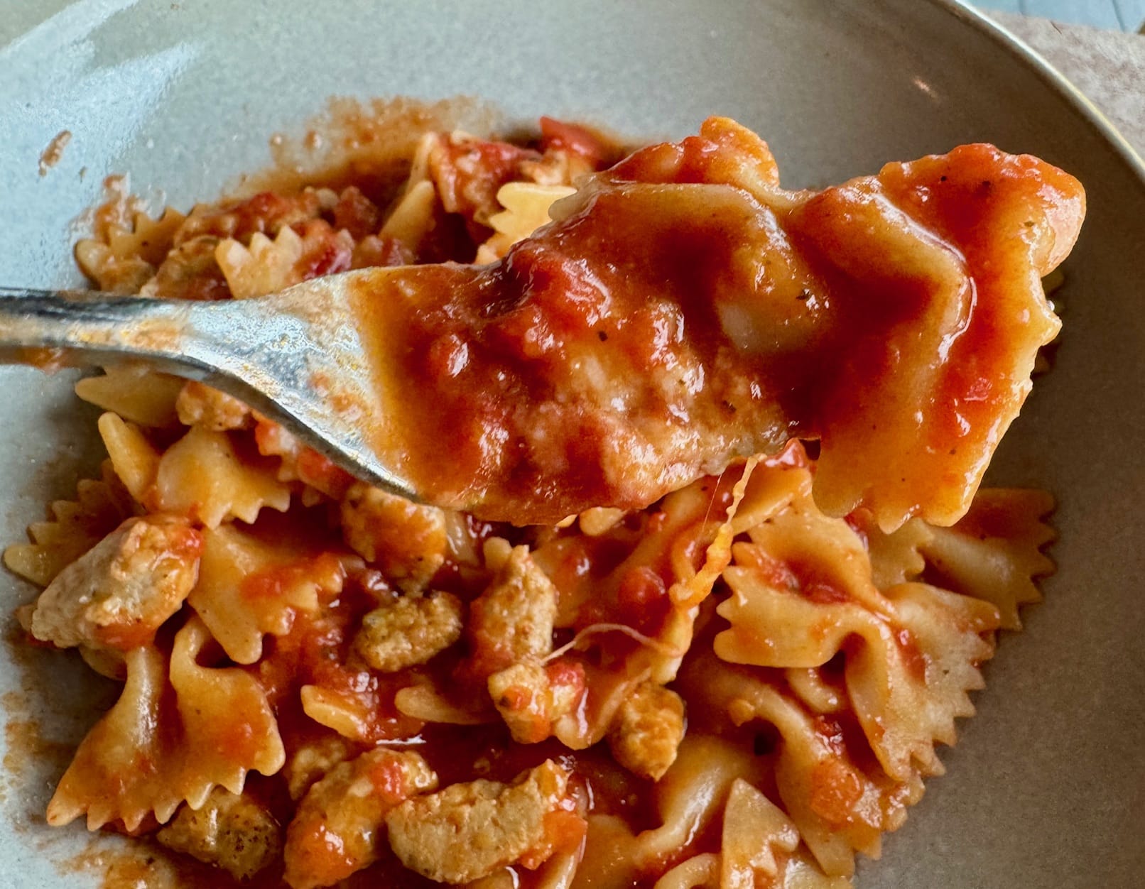 Trader Joe's Spicy Pasta Farfalle with chicken sausage cooked