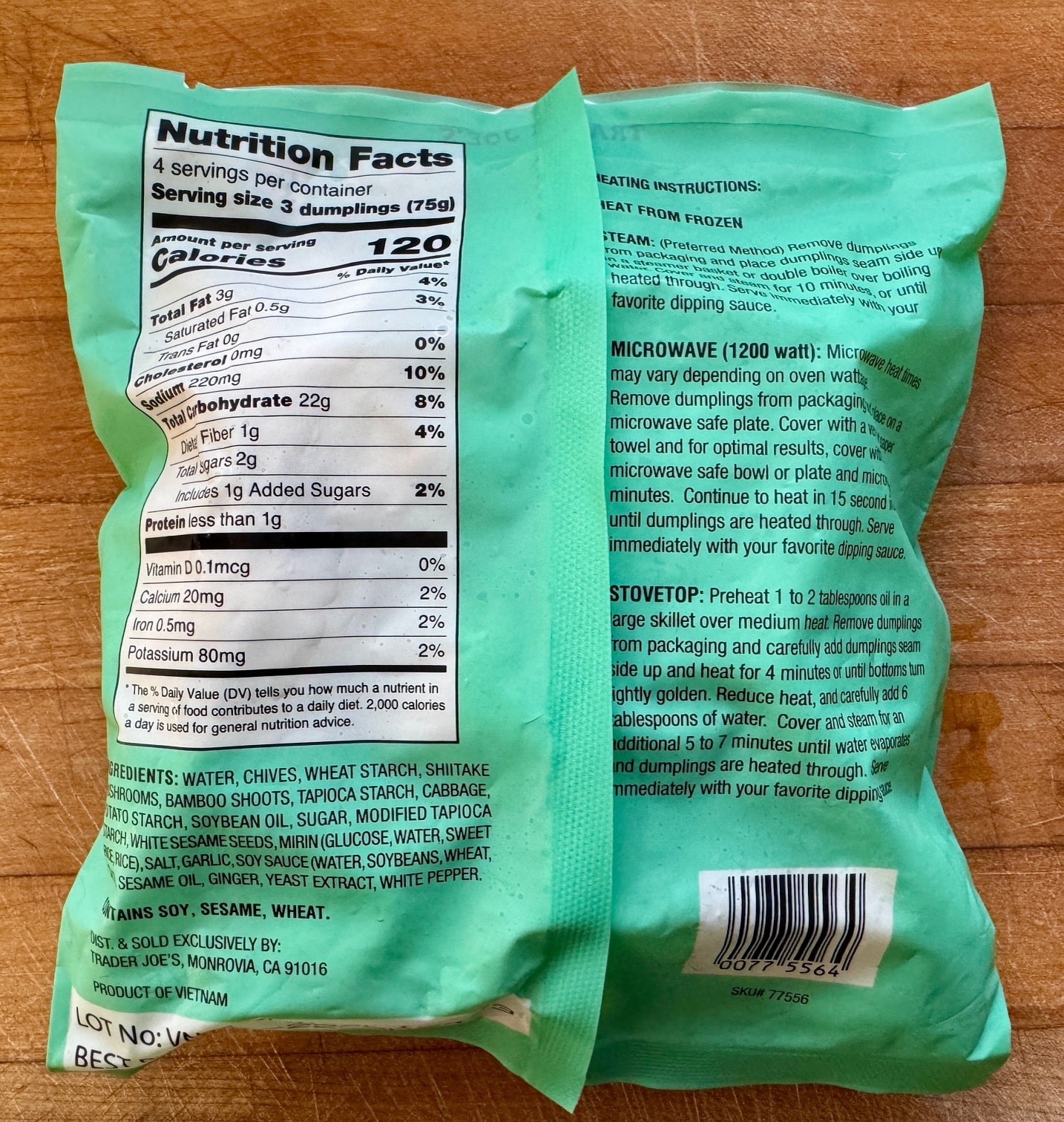 Trader Joe's Frozen Vegan Vegetable Dumplings back of bag