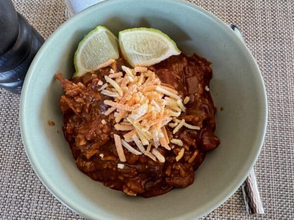 The vegan bowl of chili ready to eat!