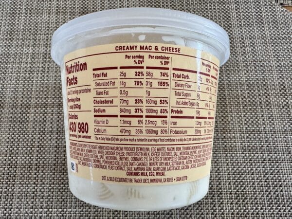 Side label of Trader Joe's Creamy Mac and Cheese