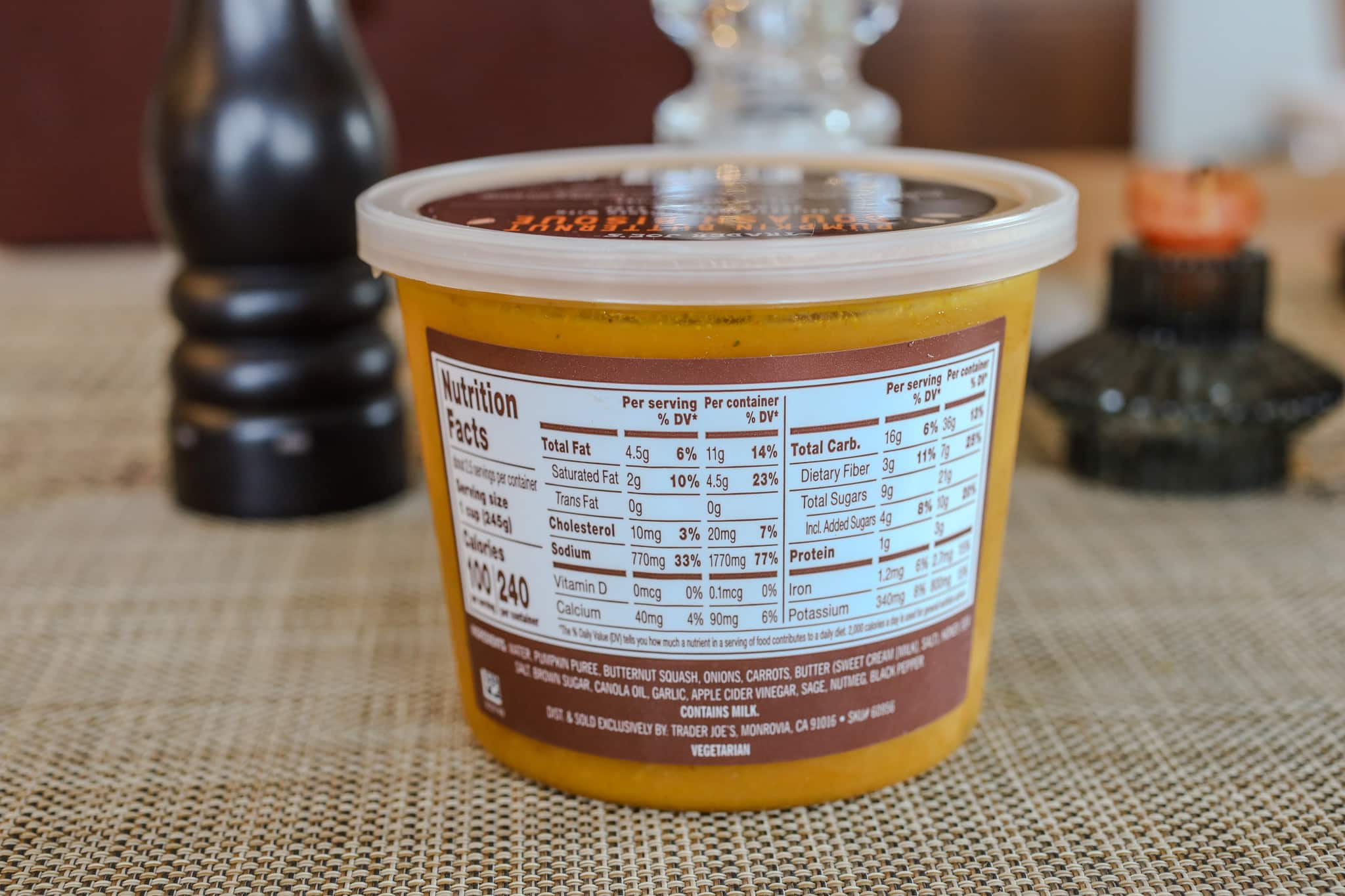 The ingredients for Trader Joe's Pumpkin Butternut Squash Bisque