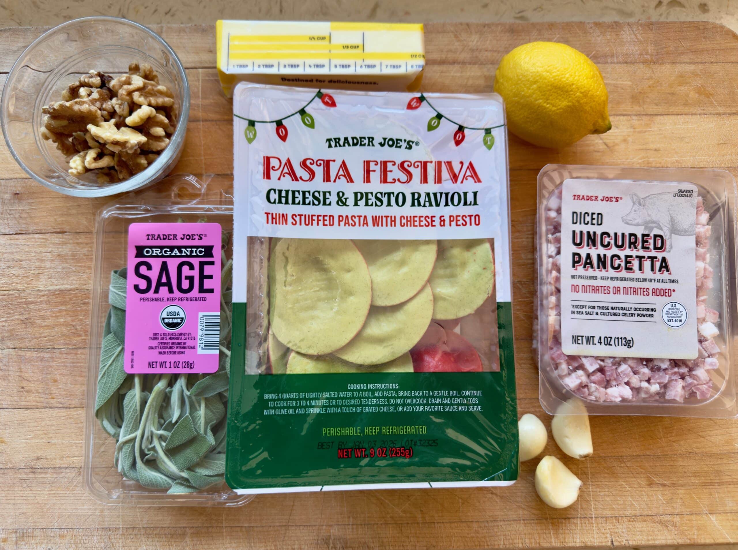 Ingredients for Trader Joe's Pasta festiva ravioli with brown butter sage pancetta and walnuts