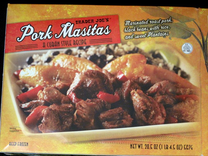 Trader Joe's Pork Masitas frozen Cuban-style meal with black beans, rice and sweet plantains, front of box