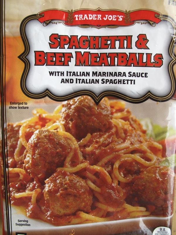 Trader Joe's Spaghetti & Beef Meatballs frozen meal bag with Italian marinara sauce