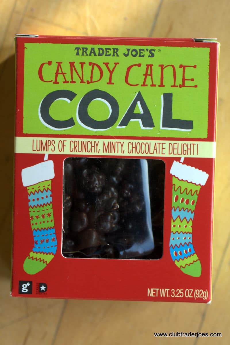 Box of Trader Joe's Candy Cane Coal, lumps of crunchy minty chocolate