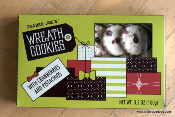 Box of Trader Joe's Wreath Cookies with cranberries and pistachios