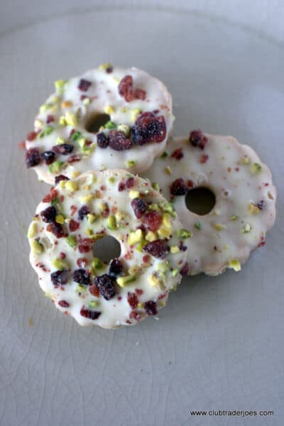 Trader Joe's Wreath Cookies topped with white chocolate, dried cranberries and pistachios