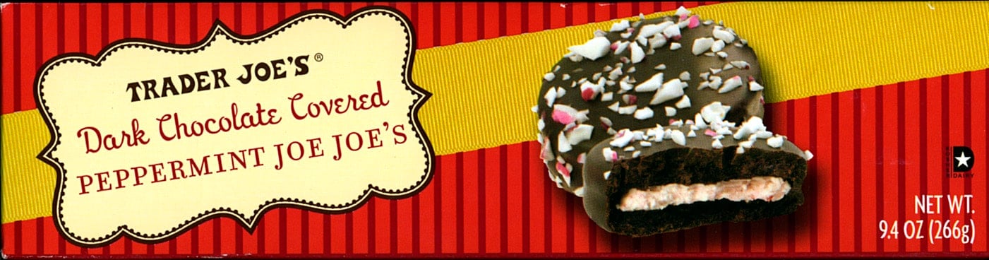 Box of Trader Joe's Dark Chocolate Covered Peppermint Joe-Joe's cookies