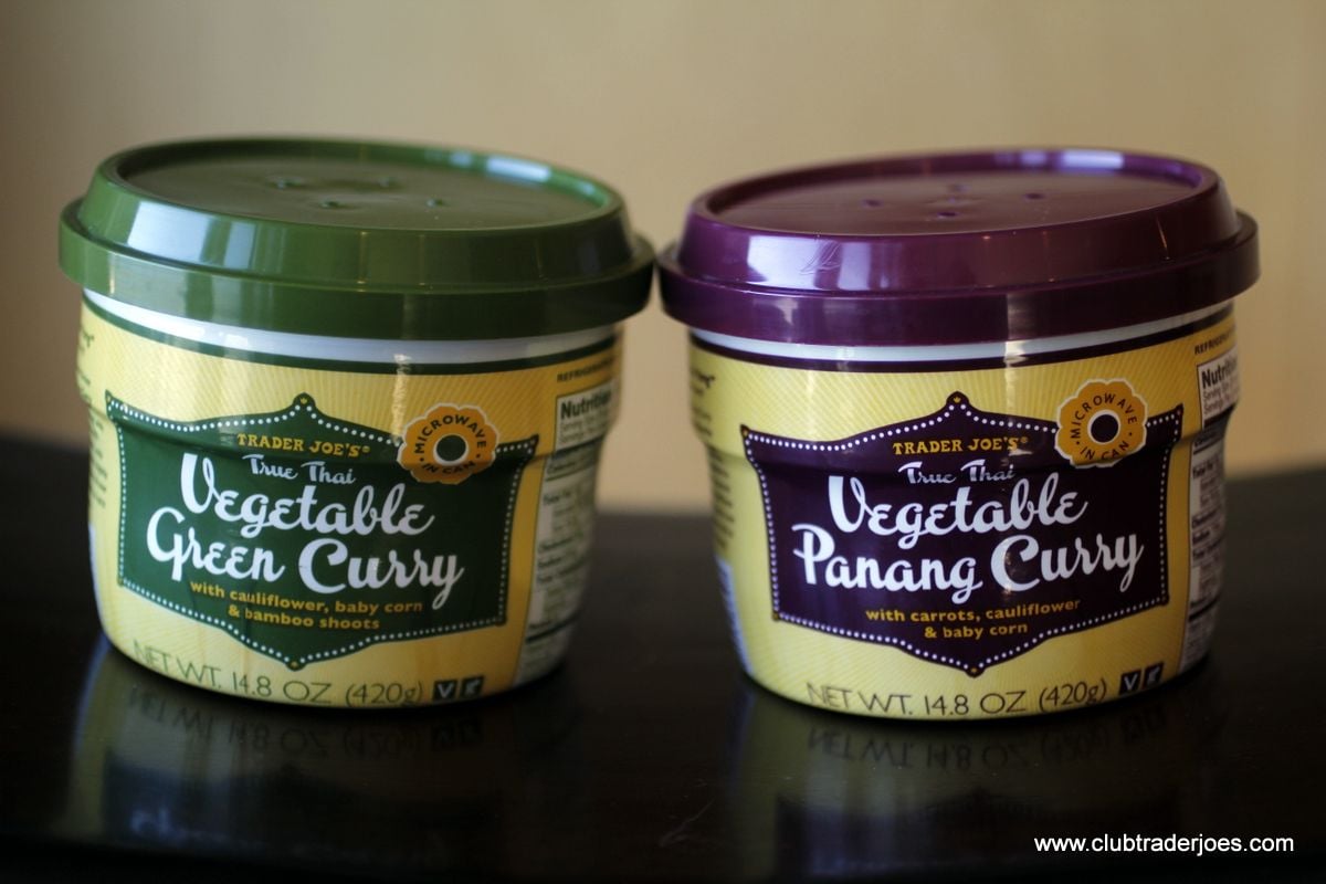 Trader Joe's Vegetable Green Curry and Vegetable Panang Curry containers side by side