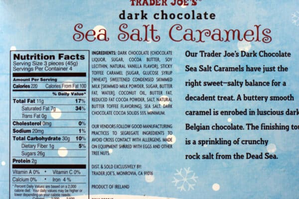 Nutrition facts and description on the box of Trader Joe's Dark Chocolate Sea Salt Caramels