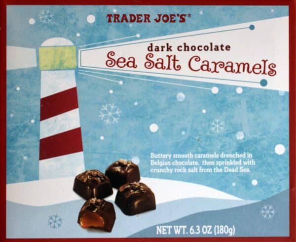 Box of Trader Joe's Dark Chocolate Sea Salt Caramels with a lighthouse illustration