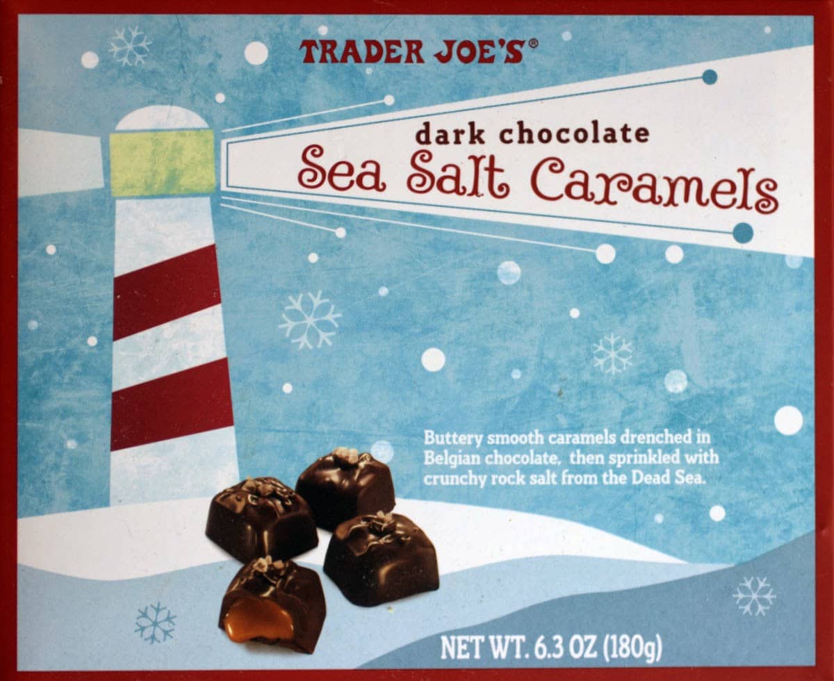 Box of Trader Joe's Dark Chocolate Sea Salt Caramels with a lighthouse illustration