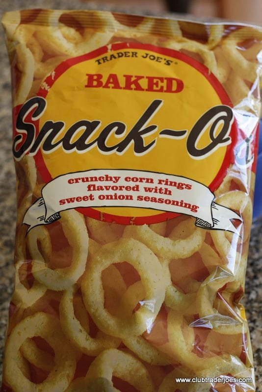Bag of Trader Joe's Baked Snack-O's crunchy corn rings with sweet onion seasoning