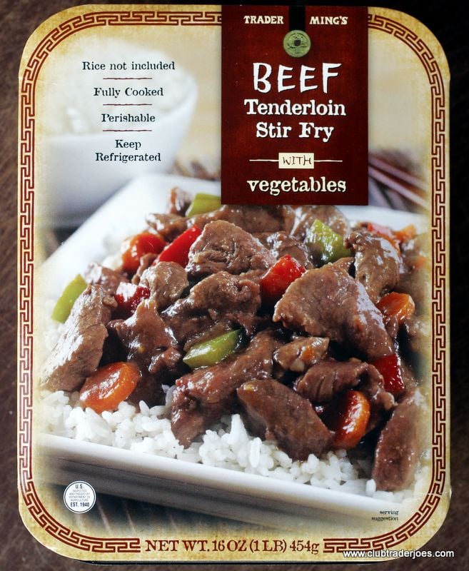 Package of Trader Ming's Beef Tenderloin Stir Fry with vegetables