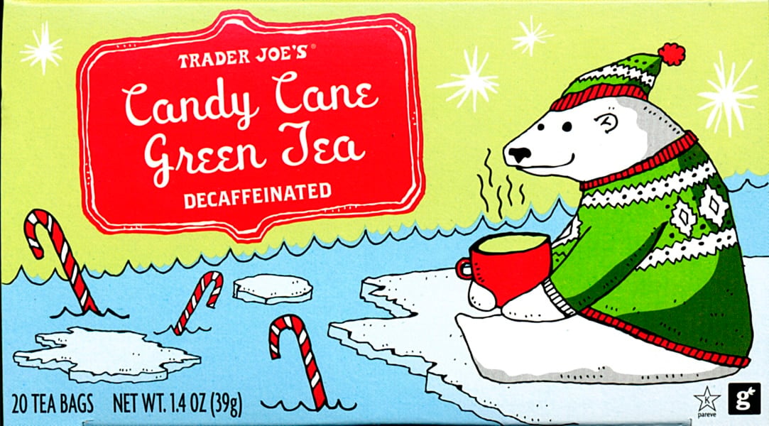 Box of Trader Joe's Candy Cane Green Tea, decaffeinated, with a polar bear in a sweater