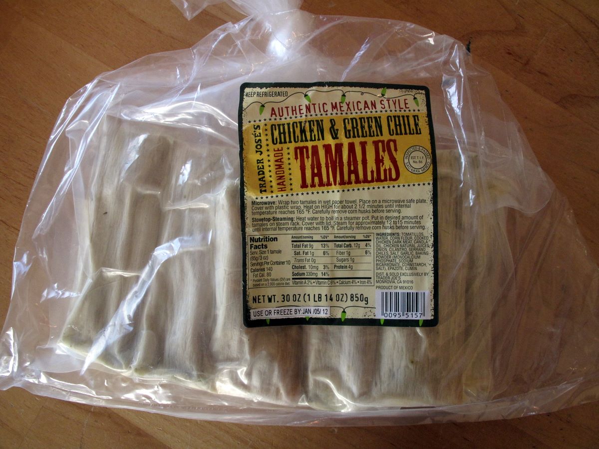 Bag of Trader Joe's Chicken & Green Chile Tamales, authentic Mexican style