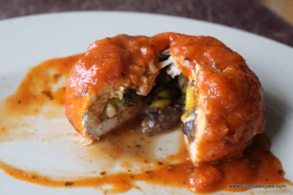 Trader Joe's Chicken-less Stuffed Cutlet cut open to show the black bean and corn filling