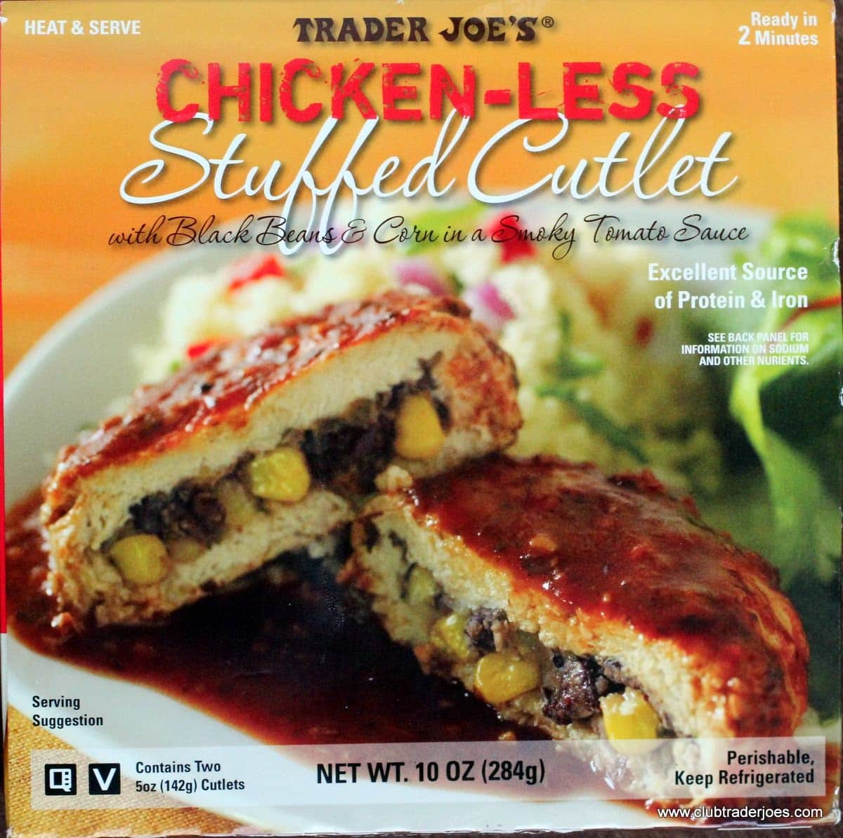 Box of Trader Joe's Chicken-less Stuffed Cutlet with black beans and corn in a smoky tomato sauce