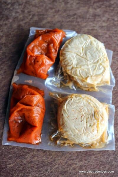 Trader Joe's Chicken-less Stuffed Cutlets and sauce packets out of the box