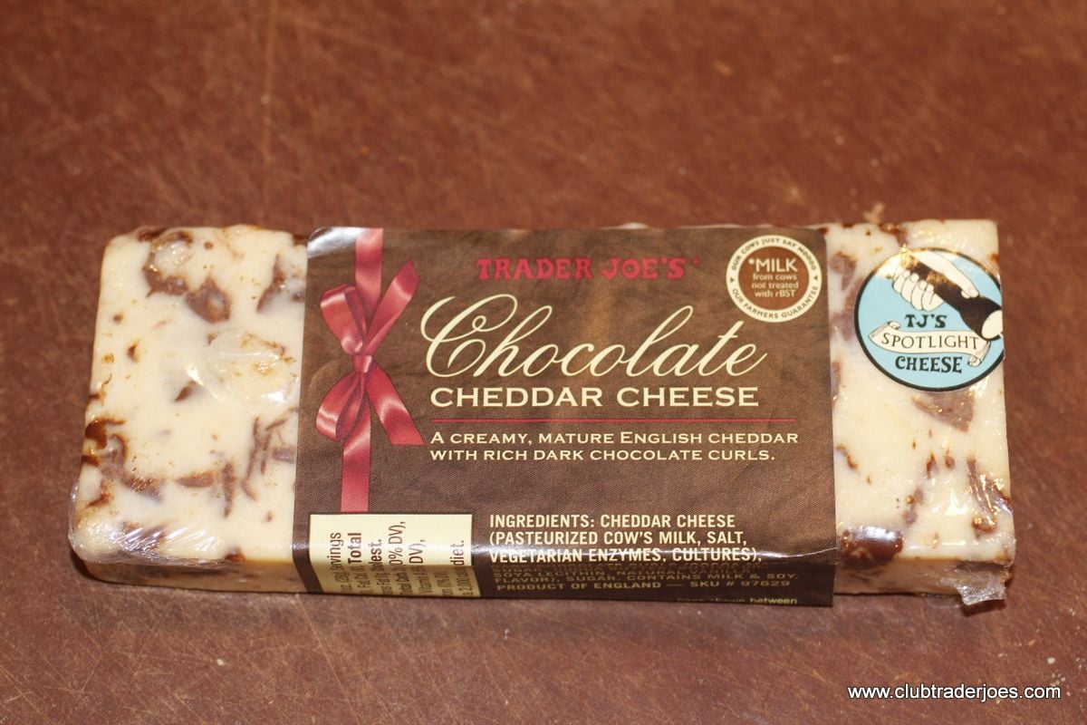 Package of Trader Joe's Chocolate Cheddar Cheese, English cheddar with dark chocolate curls
