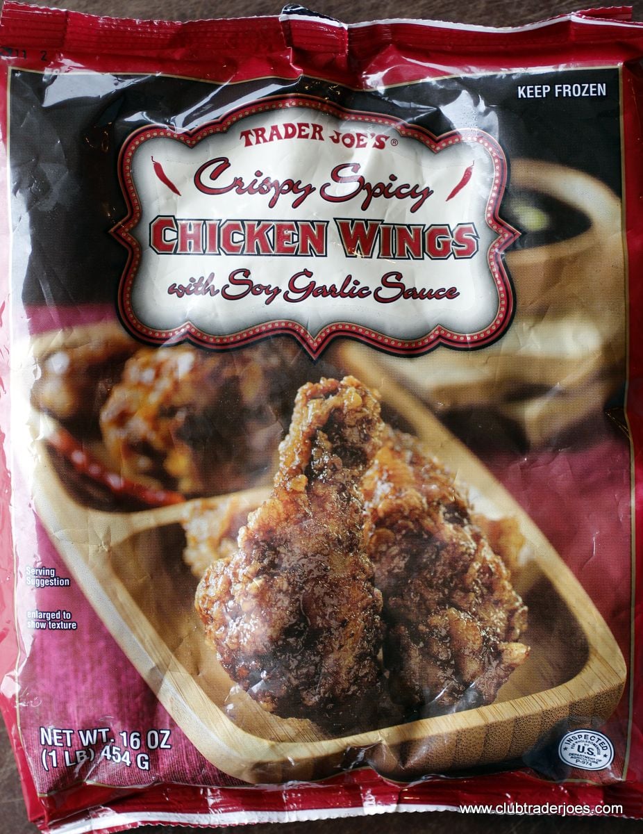 Bag of Trader Joe's Crispy Spicy Chicken Wings with Soy Garlic Sauce, frozen