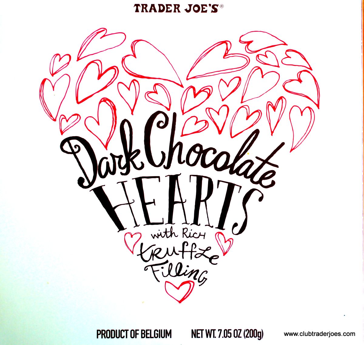 Box of Trader Joe's Dark Chocolate Hearts with Rich Truffle Filling, product of Belgium