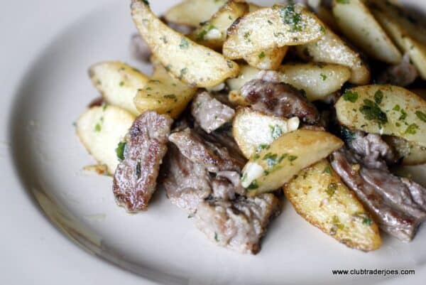 Trader Joe's Meat & Potatoes, beef sirloin with seasoned potatoes, cooked and plated