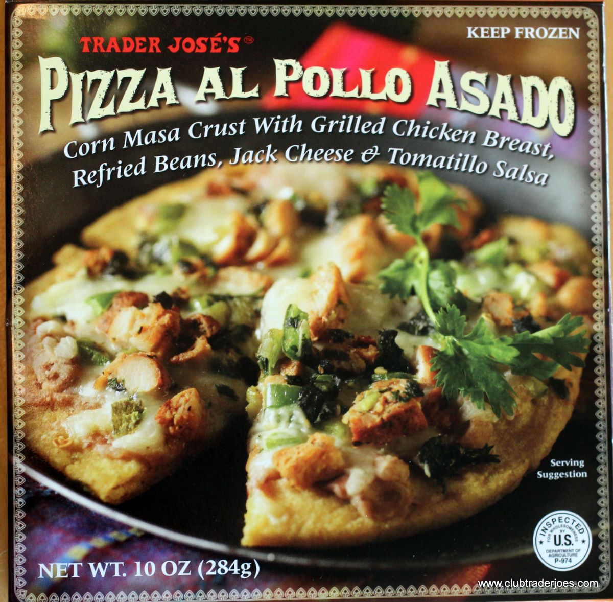 Box of Trader JosÃ©'s Pizza al Pollo Asado with corn masa crust, grilled chicken, refried beans and tomatillo salsa