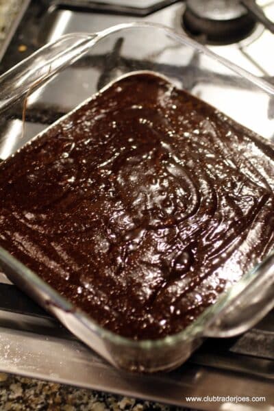 Trader Joe's Ready to Bake Brownies batter in a glass baking dish