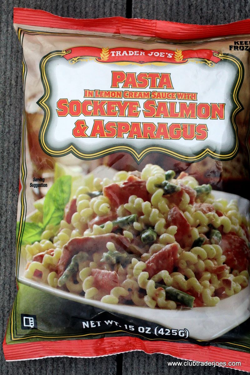 Bag of Trader Joe's Pasta in Lemon Cream Sauce with Sockeye Salmon & Asparagus, frozen