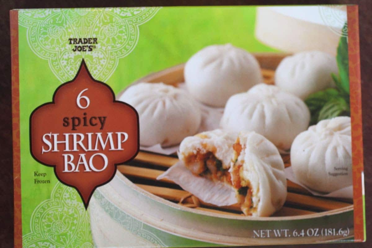 Box of Trader Joe's 6 Spicy Shrimp Bao, frozen