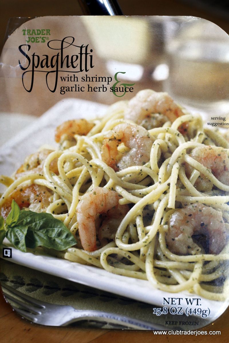 Package of Trader Joe's Spaghetti with Shrimp & Garlic Herb Sauce, frozen